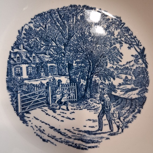 2 Vintage 10" Royal China Currier & Ives Bowl Home Sweet Home Blue White USA  #6 - Picture 4 of 8